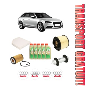 Set Pachet filtre revizie Bosch, 5 litrii ulei Castrol 5W30 AUDI A4 B8 Avant (8K5) 2.0 TDI quattro din 2013-2015, 4x Stickere auto cu AUDI