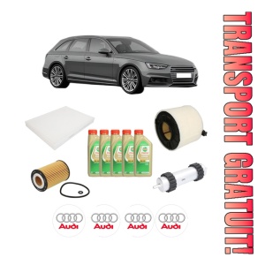 Set Pachet filtre revizie Bosch, 5 litrii ulei Castrol 5W30 AUDI A4 B9 Avant (8W5, 8WD) 2.0 TDI din 2015-2019, 4x Stickere auto cu AUDI