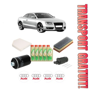 Set Pachet filtre revizie Bosch, 5 litrii ulei Castrol 5W30 AUDI A5 (8T3) 2.0 TFSI din 2008-2012, 4x Stickere auto cu AUDI