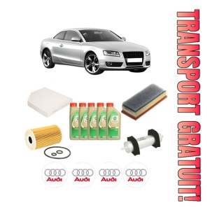 Set Pachet filtre revizie Bosch, 5 litrii ulei Castrol 5W30 AUDI A5 (8T3) 2.0 TDI quattro din 2011-2017, 4x Stickere auto cu AUDI