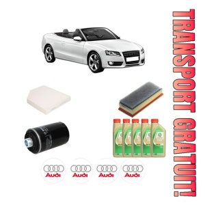 Set Pachet filtre revizie Bosch, 5 litrii ulei Castrol 5W30 AUDI A5 Convertible (8F7) 2.0 TFSI din 2013-2014, 4x Stickere auto cu AUDI