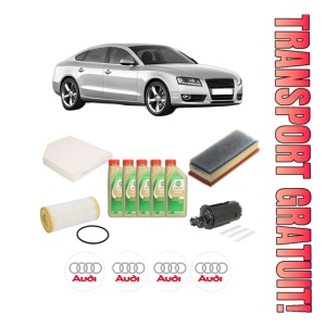 Set Pachet filtre revizie Bosch, 5 litrii ulei Castrol 5W30 AUDI A5 Sportback (8TA) 1.8 TFSI din 2014-2017, 4x Stickere auto cu AUDI