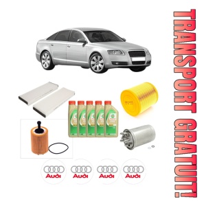 Set Pachet filtre revizie Bosch, 5 litrii ulei Castrol 5W30 AUDI A6 C6 (4F2) 2.0 TDI din 2004-2011, 4x Stickere auto cu AUDI