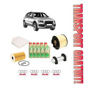 Set Pachet filtre revizie Bosch, 5 litrii ulei Castrol 5W30 AUDI Q5 Van (8RB) 2.0 TDI din 2012-2017, 4x Stickere auto cu AUDI