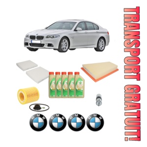 Set Pachet filtre revizie Bosch, 5 litrii ulei Castrol 5W30 BMW Seria 5 (F10) 520 i din 2011-2016, 4x Stickere auto cu BMW