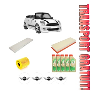Set Pachet filtre revizie Bosch, 5 litrii ulei Castrol 5W30 MINI MINI Convertible (R57) One din 2009-2015, 4x Stickere auto cu MINI