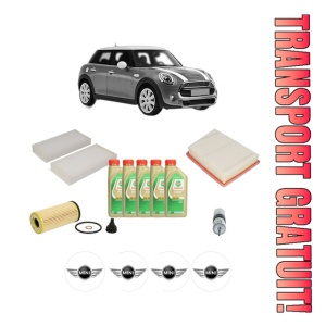 Set Pachet filtre revizie Bosch, 5 litrii ulei Castrol 5W30 MINI MINI (F55) One First din 2017, 4x Stickere auto cu MINI