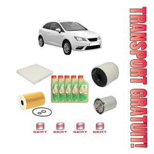 Set Pachet filtre revizie Bosch, 5 litrii ulei Castrol 5W30 SEAT IBIZA IV SC (6J1, 6P5) 1.6 TDI din 2009-2015, 4x Stickere auto cu SEAT