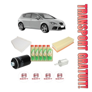 Set Pachet filtre revizie Bosch, 5 litrii ulei Castrol 5W30 SEAT LEON (1P1) 2.0 TFSI din 2009-2012, 4x Stickere auto cu SEAT