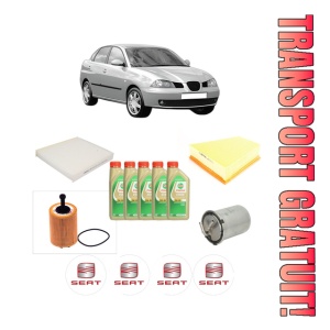 Set Pachet filtre revizie Bosch, 5 litrii ulei Castrol 5W30 SEAT CORDOBA (6L2) 1.4 TDI din 2005-2009, 4x Stickere auto cu SEAT