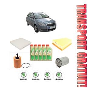 Set Pachet filtre revizie Bosch, 5 litrii ulei Castrol 5W30 SKODA FABIA II Combi (545) 1.4 TDI din 2007-2010, 4x Stickere auto cu SKODA