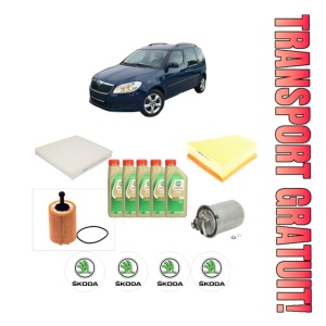 Set Pachet filtre revizie Bosch, 5 litrii ulei Castrol 5W30 SKODA ROOMSTER (5J7) 1.9 TDI din 2006, 4x Stickere auto cu SKODA