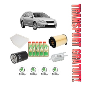 Set Pachet filtre revizie Bosch, 5 litrii ulei Castrol 5W30 SKODA Octavia II Combi (1Z5) 1.6 LPG din 2009-2012, 4x Stickere auto cu SKODA