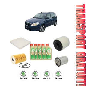 Set Pachet filtre revizie Bosch, 5 litrii ulei Castrol 5W30 SKODA ROOMSTER (5J7) 1.6 TDI din 2010-2015, 4x Stickere auto cu SKODA