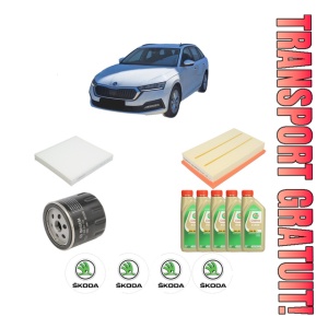 Set Pachet filtre revizie Bosch, 5 litrii ulei Castrol 5W30 SKODA Octavia IV Combi (NX5, PV5) 1.5 TSI din 2019, 4x Stickere auto cu SKODA