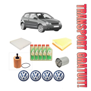 Set Pachet filtre revizie Bosch, 5 litrii ulei Castrol 5W30 Volkswagen POLO IV (9N_, 9A_) 1.4 TDI din 2005-2009, 4x Stickere auto cu Volkswagen