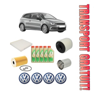 Set Pachet filtre revizie Bosch, 5 litrii ulei Castrol 5W30 Volkswagen POLO V (6R1, 6C1) 1.6 TDI din 2009-2014, 4x Stickere auto cu Volkswagen