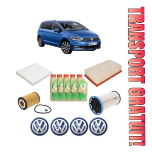 Set Pachet filtre revizie Bosch, 5 litrii ulei Castrol 5W30 Volkswagen TOURAN (5T1) 2.0 TDI din 2015-2019, 4x Stickere auto cu Volkswagen