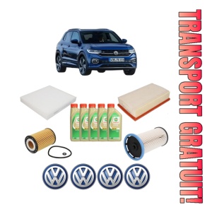 Set Pachet filtre revizie Bosch, 5 litrii ulei Castrol 5W30 Volkswagen T-CROSS (C11, D31) 1.6 TDi din 2018, 4x Stickere auto cu Volkswagen