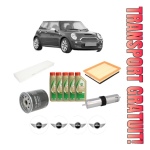 Set Pachet filtre revizie Bosch, 5 litrii ulei Castrol 5W40 MINI MINI (R50, R53) One D din 2003-2006, 4x Stickere auto cu MINI