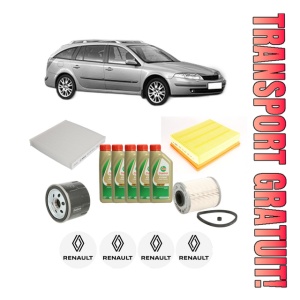 Set Pachet filtre revizie Bosch, 5 litrii ulei Castrol 5W40 RENAULT LAGUNA II Grandtour (KG0/1_) 1.9 dCi din 2003-2007, 4x Stickere auto cu RENAULT