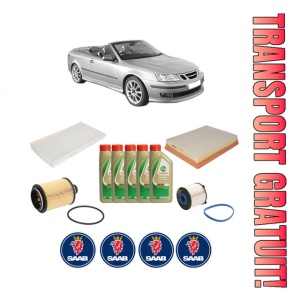 Set Pachet filtre revizie Bosch, 5 litrii ulei Castrol 5W40 SAAB 9-3 Convertible (YS3F) 1.9 TTiD din 2007-2015, 4x Stickere auto cu SAAB