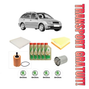 Set Pachet filtre revizie Bosch, 5 litrii ulei Castrol 5W40 SKODA FABIA I Combi (6Y5) 1.4 TDI din 2005-2007, 4x Stickere auto cu SKODA