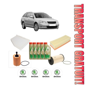 Set Pachet filtre revizie Bosch, 5 litrii ulei Castrol 5W40 SKODA Octavia II Combi (1Z5) 2.0 TDI 16V din 2004-2013, 4x Stickere auto cu SKODA