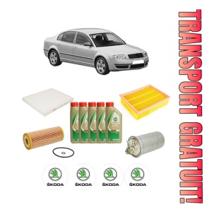Set Pachet filtre revizie Bosch, 5 litrii ulei Castrol 5W40 SKODA SUPERB I (3U4) 1.9 TDI din 2007-2008, 4x Stickere auto cu SKODA