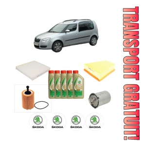 Set Pachet filtre revizie Bosch, 5 litrii ulei Castrol 5W40 SKODA ROOMSTER Praktik (5J) 1.4 TDI din 2007-2010, 4x Stickere auto cu SKODA