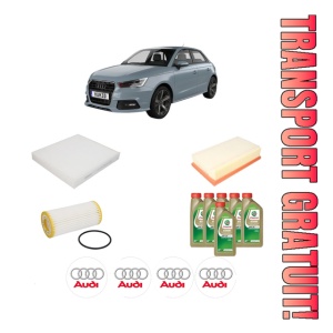 Set Pachet filtre revizie Bosch, 6 litrii ulei Castrol 0W20 AUDI A1 Sportback (GBA) 40 TFSI din 2018, 4x Stickere auto cu AUDI