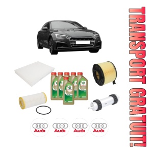 Set Pachet filtre revizie Bosch, 6 litrii ulei Castrol 0W20 AUDI A5 (F53, F5P) 40 TFSI Mild Hybrid din 2017, 4x Stickere auto cu AUDI