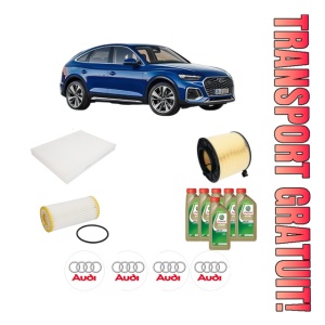 Set Pachet filtre revizie Bosch, 6 litrii ulei Castrol 0W20 AUDI Q5 Sportback (FYT) 45 TFSI Mild Hybrid quattro din 2020, 4x Stickere auto cu AUDI