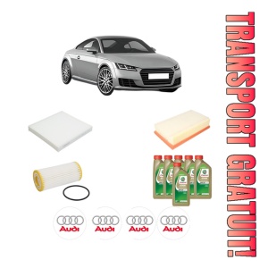 Set Pachet filtre revizie Bosch, 6 litrii ulei Castrol 0W20 AUDI TT (FV3, FVP) 45 TFSI quattro din 2018, 4x Stickere auto cu AUDI