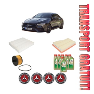 Set Pachet filtre revizie Bosch, 6 litrii ulei Castrol 0W20 MERCEDES-BENZ CLA (C118) CLA 200 (118.387) din 2019, 4x Stickere auto cu MERCEDES-BENZ