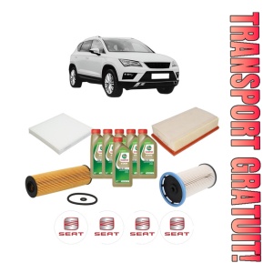 Set Pachet filtre revizie Bosch, 6 litrii ulei Castrol 0W20 SEAT ATECA (KH7, KHP) 2.0 TDI 4Drive din 2016, 4x Stickere auto cu SEAT