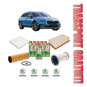 Set Pachet filtre revizie Bosch, 6 litrii ulei Castrol 0W20 SKODA Octavia IV (NX3, NN3, PV3) 2.0 TDI din 2020, 4x Stickere auto cu SKODA