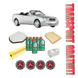 Set Pachet filtre revizie Bosch, 6 litrii ulei Castrol 10W40 MERCEDES-BENZ CLK Convertible (A208) CLK 200 Kompressor (208.444) din 2000-2002, 4x Stickere auto cu MERCEDES-BENZ