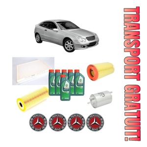 Set Pachet filtre revizie Bosch, 6 litrii ulei Castrol 10W40 MERCEDES-BENZ C-CLASS Coupe (CL203) C 230 Kompressor (203.740) din 2002-2008, 4x Stickere auto cu MERCEDES-BENZ