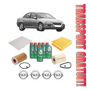 Set Pachet filtre revizie Bosch, 6 litrii ulei Castrol 10W40 OPEL OMEGA B (V94) 2.2 DTI 16V (F69, M69, P69) din 2000-2003, 4x Stickere auto cu OPEL