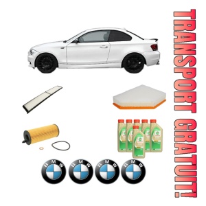 Set Pachet filtre revizie Bosch, 6 litrii ulei Castrol 5W30 BMW Seria 1 Coupe (E82) 123 d din 2007-2013, 4x Stickere auto cu BMW