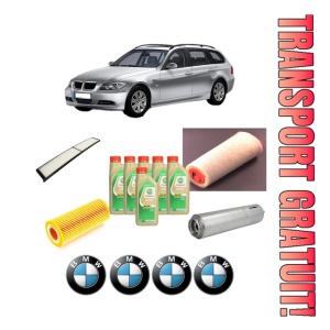 Set Pachet filtre revizie Bosch, 6 litrii ulei Castrol 5W30 BMW Seria 3 Touring (E91) 320 d din 2004-2007, 4x Stickere auto cu BMW