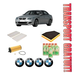Set Pachet filtre revizie Bosch, 6 litrii ulei Castrol 5W30 BMW Seria 5 (E60) 520 d din 2007-2009, 4x Stickere auto cu BMW