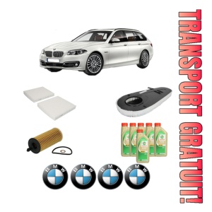 Set Pachet filtre revizie Bosch, 6 litrii ulei Castrol 5W30 BMW Seria 5 Touring (F11) 525 d din 2011-2017, 4x Stickere auto cu BMW