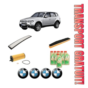 Set Pachet filtre revizie Bosch, 6 litrii ulei Castrol 5W30 BMW Seria X3 (E83) xDrive 18 d din 2008-2011, 4x Stickere auto cu BMW