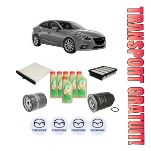 Set Pachet filtre revizie Bosch, 6 litrii ulei Castrol 5W30 MAZDA 3 Saloon (BM_, BN_) 2.2 D din 2013-2019, 4x Stickere auto cu MAZDA