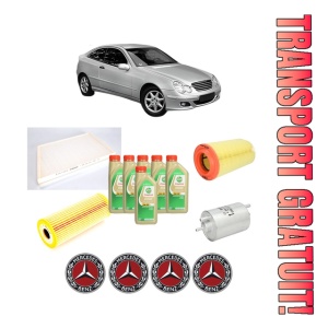 Set Pachet filtre revizie Bosch, 6 litrii ulei Castrol 5W30 MERCEDES-BENZ C-CLASS Coupe (CL203) C 230 Kompressor (203.740) din 2002-2008, 4x Stickere auto cu MERCEDES-BENZ