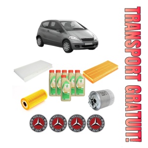 Set Pachet filtre revizie Bosch, 6 litrii ulei Castrol 5W30 MERCEDES-BENZ A-CLASS (W169) A 160 CDI (169.006, 169.306) din 2004-2012, 4x Stickere auto cu MERCEDES-BENZ