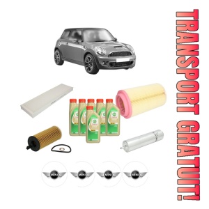 Set Pachet filtre revizie Bosch, 6 litrii ulei Castrol 5W30 MINI MINI (R56) Cooper SD din 2011-2013, 4x Stickere auto cu MINI