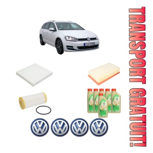 Set Pachet filtre revizie Bosch, 6 litrii ulei Castrol 5W30 Volkswagen GOLF VII Variant (BA5, BV5) 2.0 R 4motion din 2016-2020, 4x Stickere auto cu Volkswagen